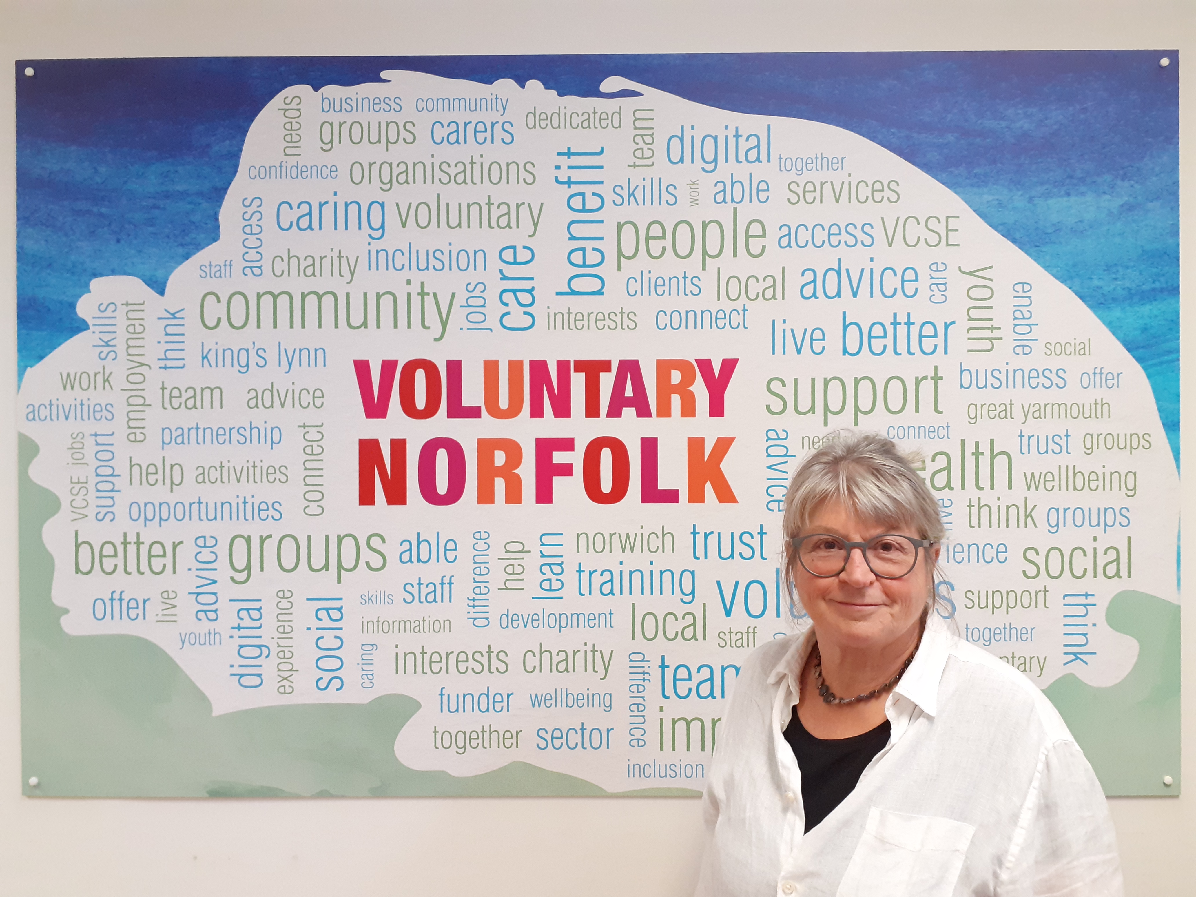 Nicky Stainton in front of Voluntary Norfolk sign